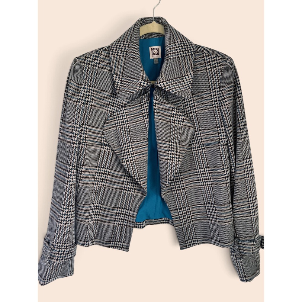 Anne Klein Cropped Trench Blazer Glen Plaid Open Front Jacket Retro Chic